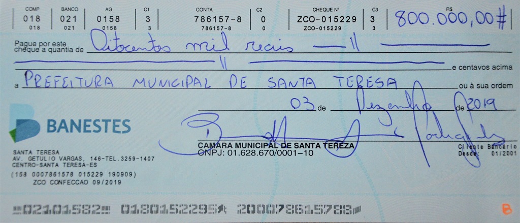 Câmara de Vereadores devolve R$ 800 mil à Prefeitura de Santa Teresa