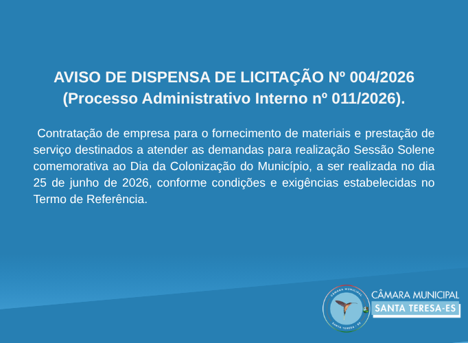 VISO DE DISPENSA DE LICITAÇÃO Nº 004/2026