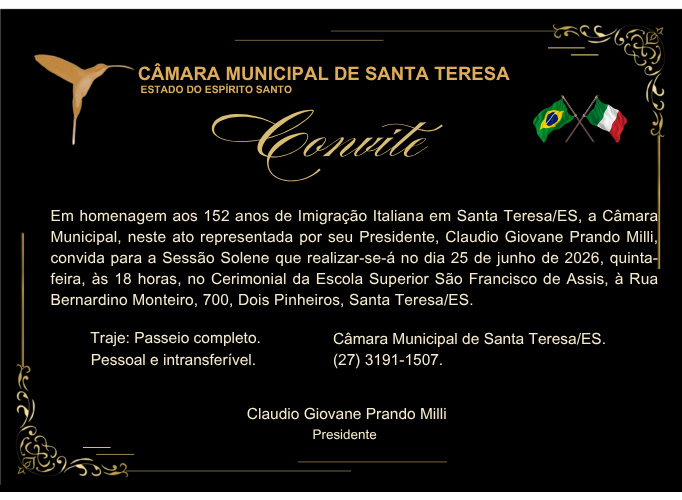 Câmara Municipal realiza Sessão Solene em homenagem aos 152 anos da Imigração Italiana em Santa Teresa