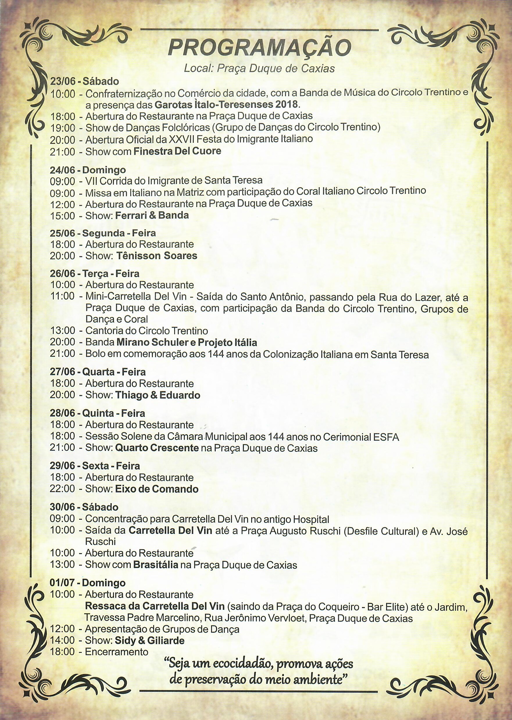 Programação XXVII Festa da Imigração Italiana