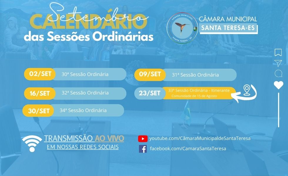 Confira o cronograma das Sessões Ordinárias da Câmara Municipal de Santa Teresa para o mês de Setembro.