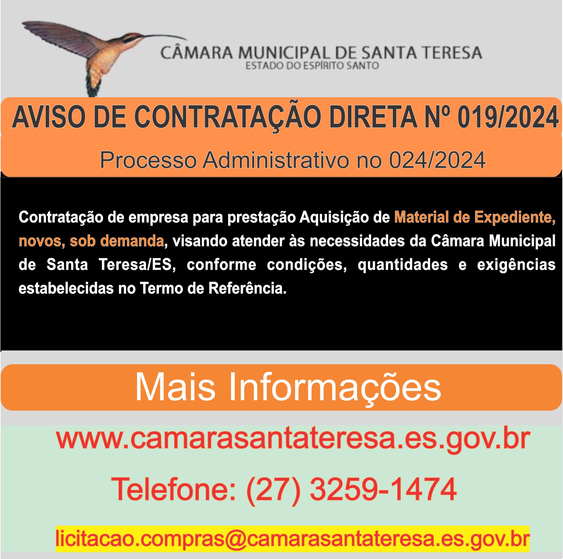 AVISO DE CONTRATAÇÃO DIRETA No 019/2024
