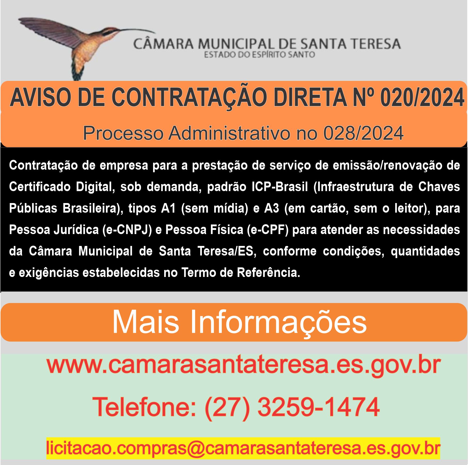 AVISO DE CONTRATAÇÃO DIRETA Nº 020/2024 Processo Administrativo nº 028/2024