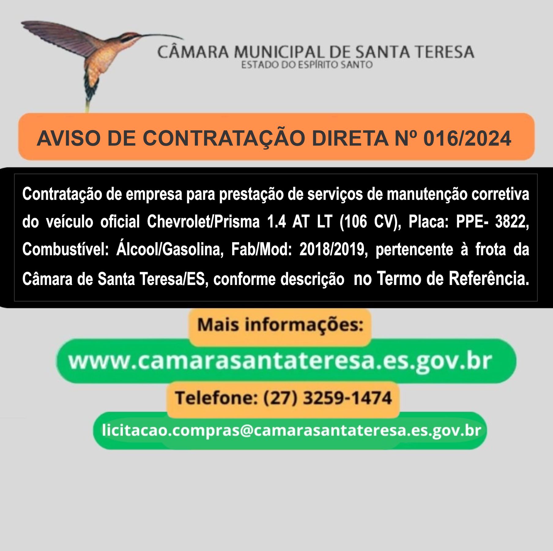 AVISO DE CONTRATAÇÃO DIRETA Nº 016/2024 - Manutenção Corretiva Veículo Oficial