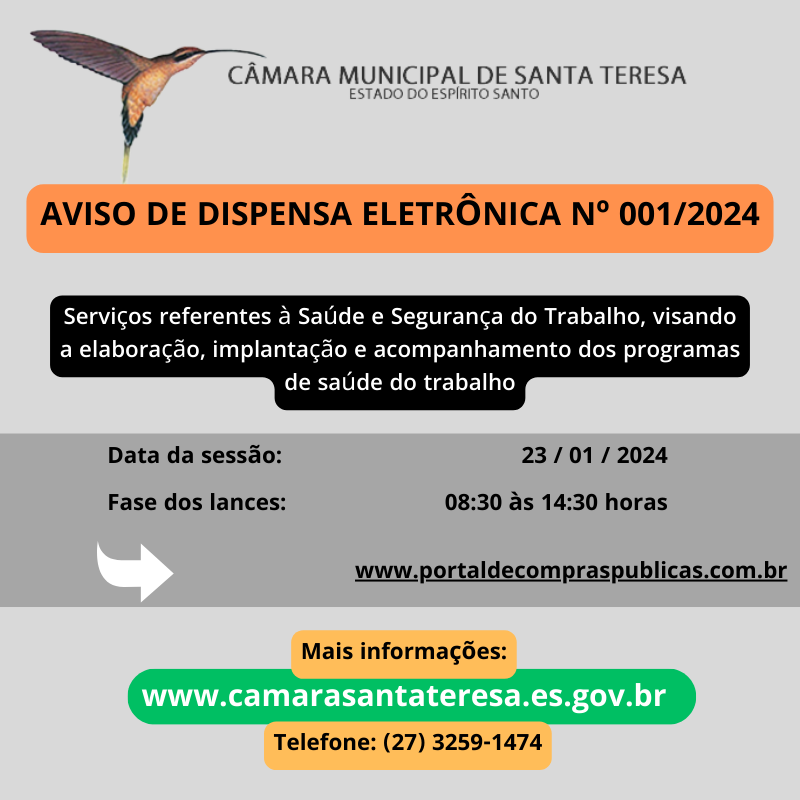 AVISO DE DISPENSA ELETRÔNICA Nº 001/2024 - SERVIÇOS REFERENTES À SAÚDE E SEGURANÇA DO TRABALHO