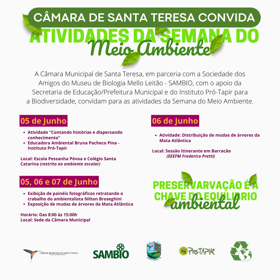 Câmara Municipal de Santa Teresa realiza Semana do Meio Ambiente em parceria com instituições locais